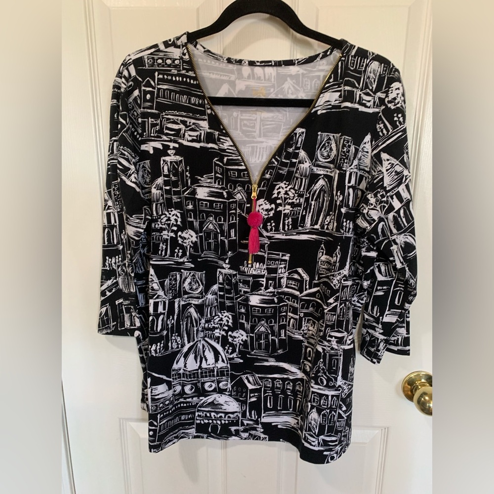 Belle by Kim Gravel Black & White Cityscape V-Neck Tunic with Pink Tassel